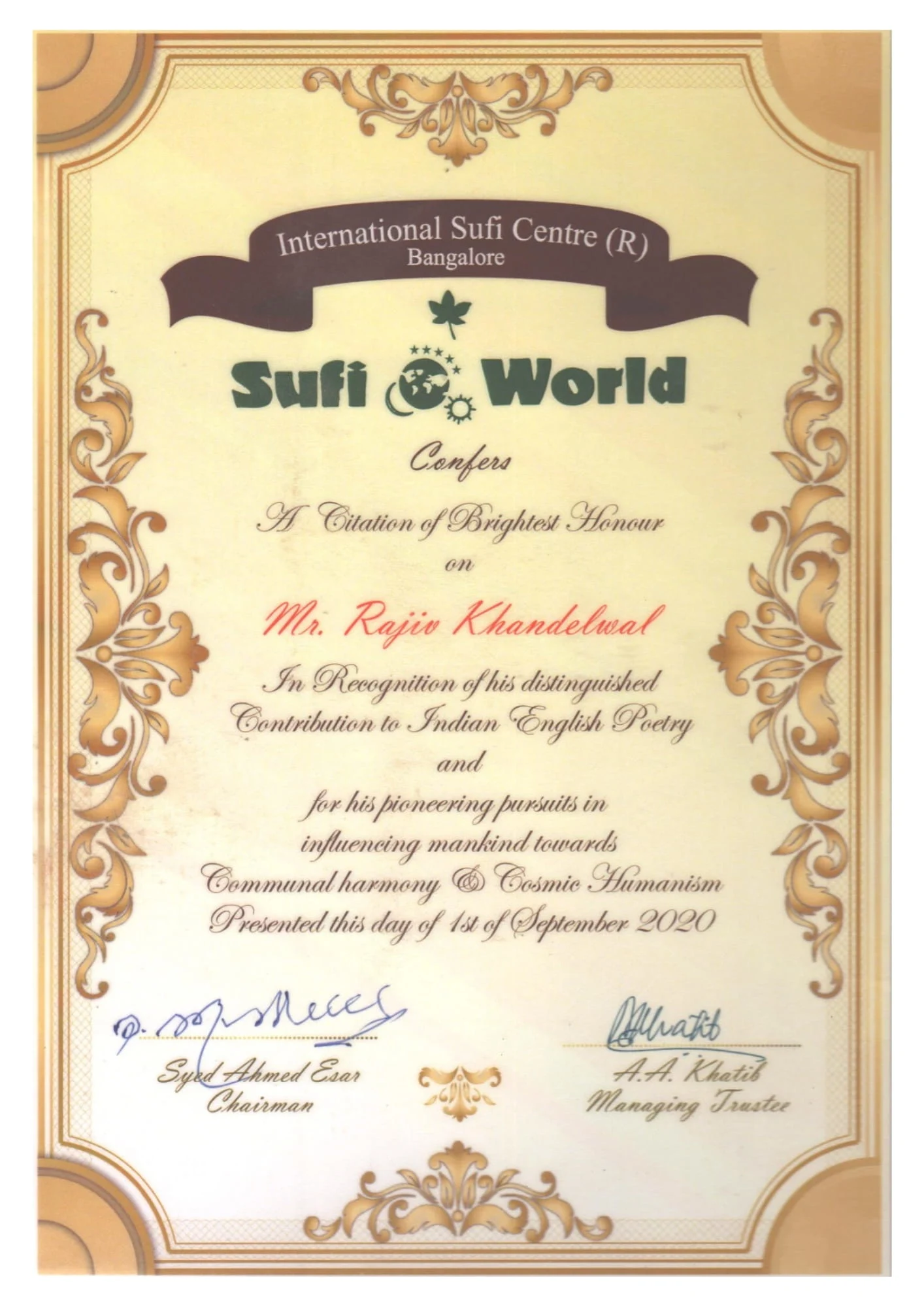Poet of the Year Certificate